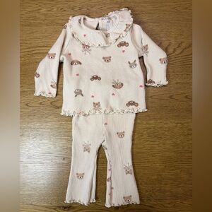 H&M Baby Ribbed Bear Heart Print Pajama Set Cream 6M Ruffle 2-Piece Lounge